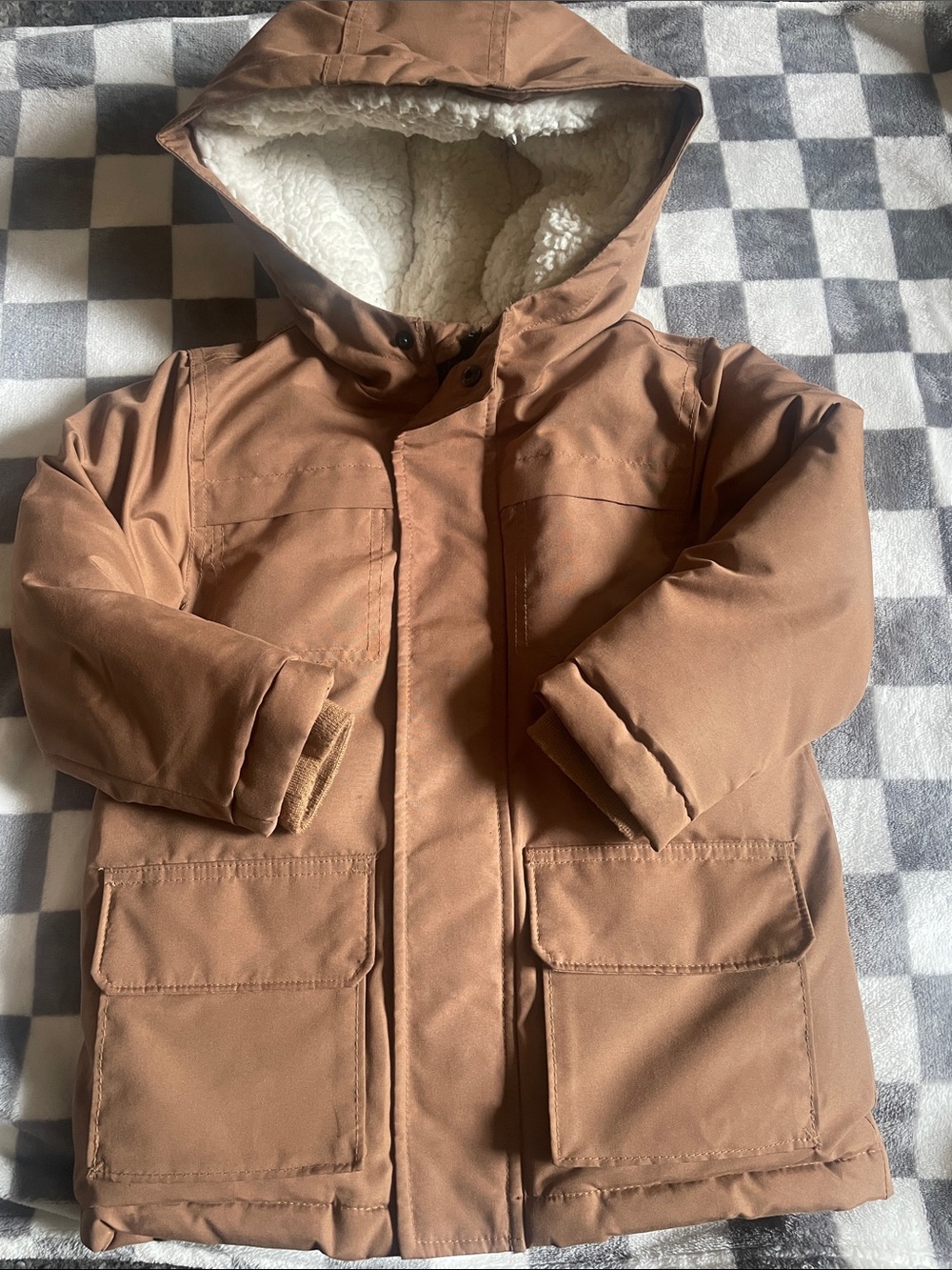 Kids Brown Hooded Winter Coat with Sherpa Lining size 4T